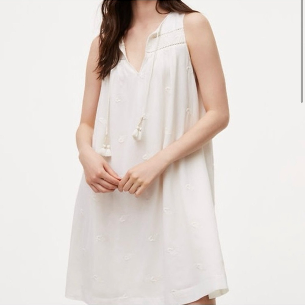 NWT Loft Embroidered Tassel Swing Mini Dress XS Petite Ivory Boho Cotton Blend - Picture 2 of 12
